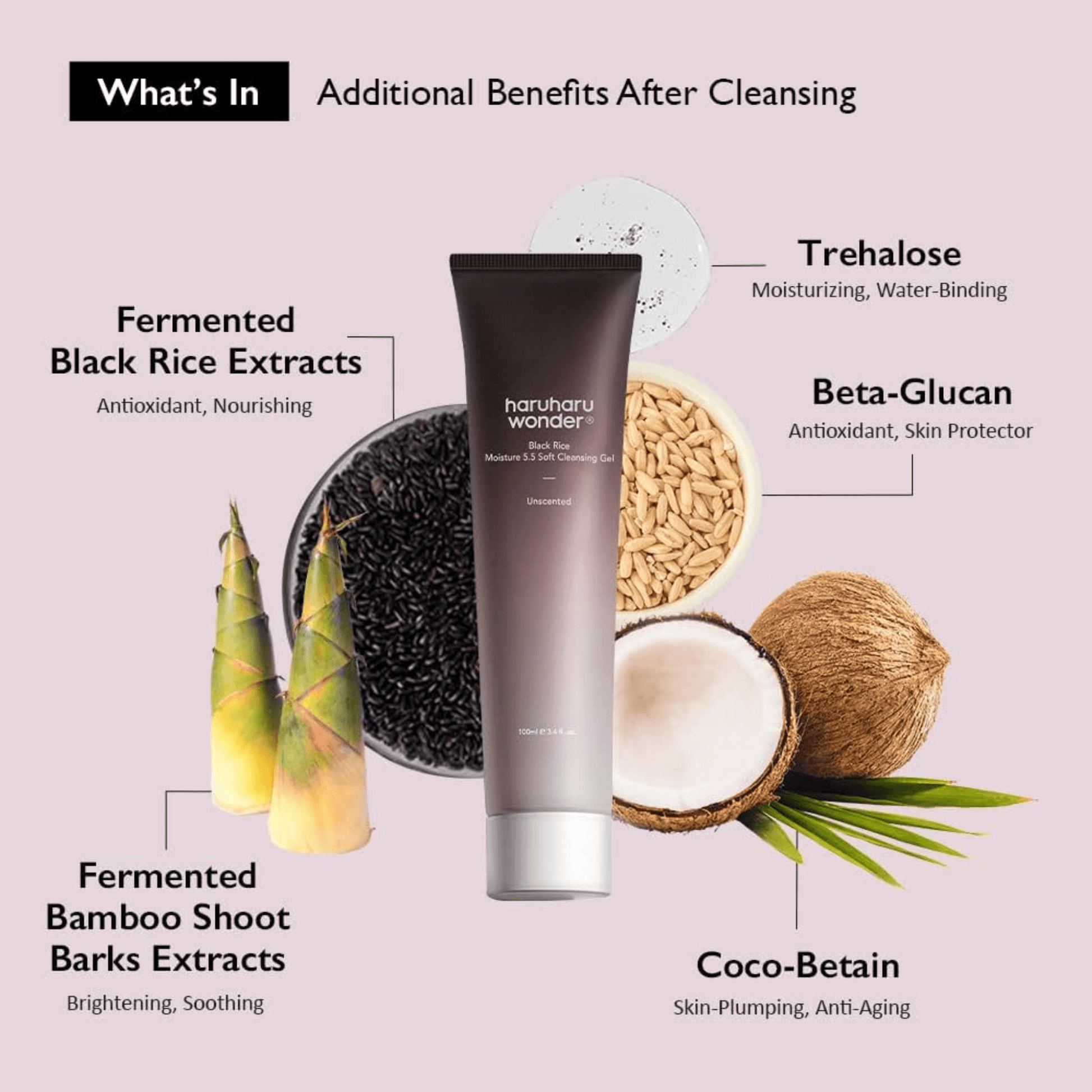Haruharu Wonder skincare product with ingredients like fermented black rice extracts and bamboo shoot barks on a light pink background.