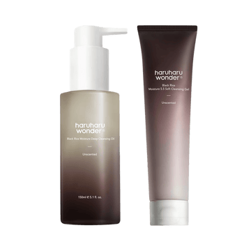 Haruharu Wonder Double Cleansing Duo for all skin types, featuring nourishing cleansing oil and soft gel for refreshing cleanse.