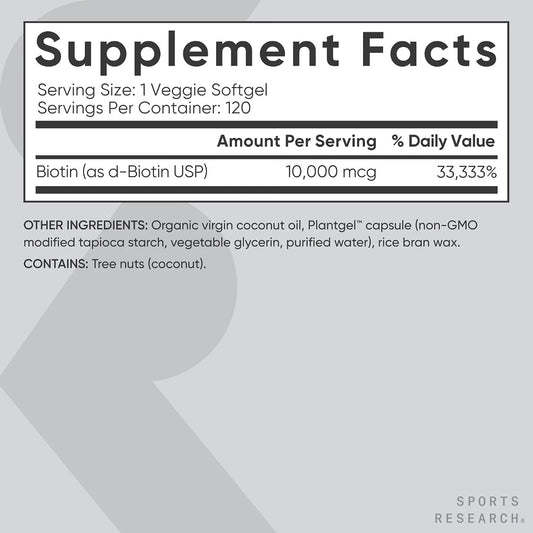 Sports Research Biotin 10 000mcg w/Coconut Oil, 120 Count