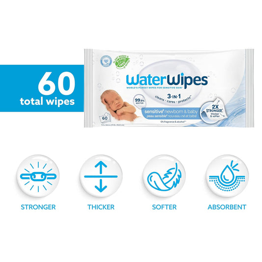 WaterWipes Sensitive+ Newborn & Baby Wipes 3-In-1 60ct