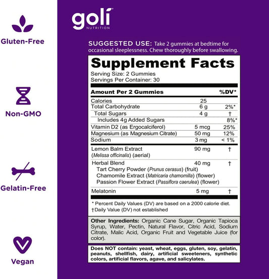 Goli Dreamy Sleep Gummy - 60 Count - Melatonin, Vitamin D, Magnesium, and Lemon Balm Extract