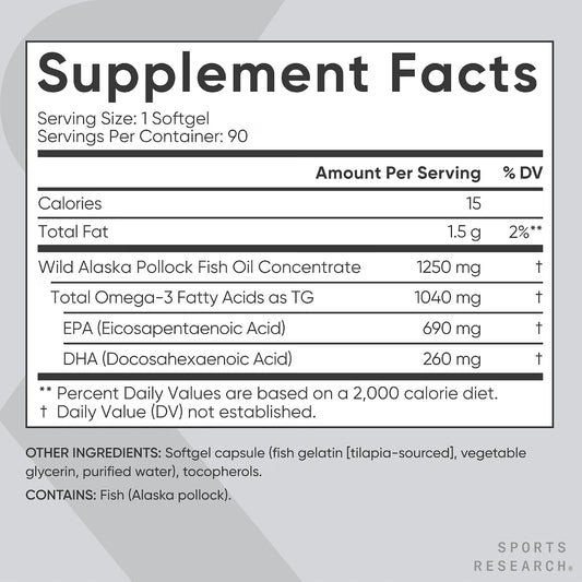 Sports Research® Omega-3 Fish Oil 1250mg - Triple Strength Fish Oil 90 Servings
