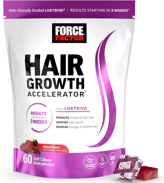 Force Factor Hair Growth Accelerator Soft Chews, Hair Growth Vitamins for Women and Men with  Lustriva and Biotin, Mixed Berry, 60 Soft Chews