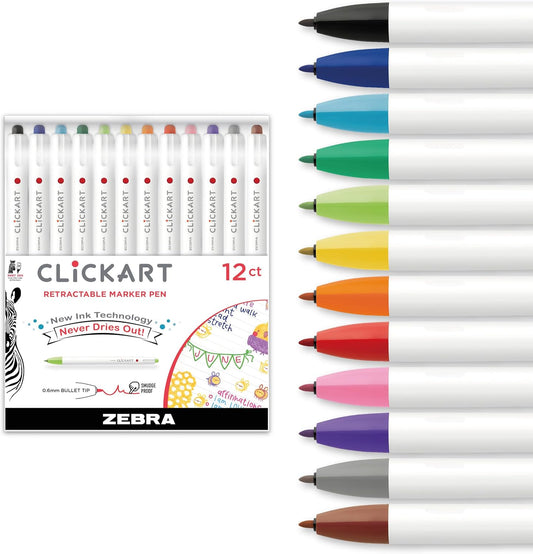 Zebra CLiCKART Retractable Felt Tip Marker Assorted Colors 12-Pack (69012)