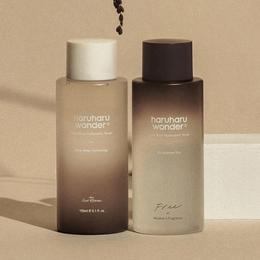 haruharu wonder Black Rice Hyaluronic Toner bottles, hydrating and nourishing for all skin types, ideal for sensitive skin.